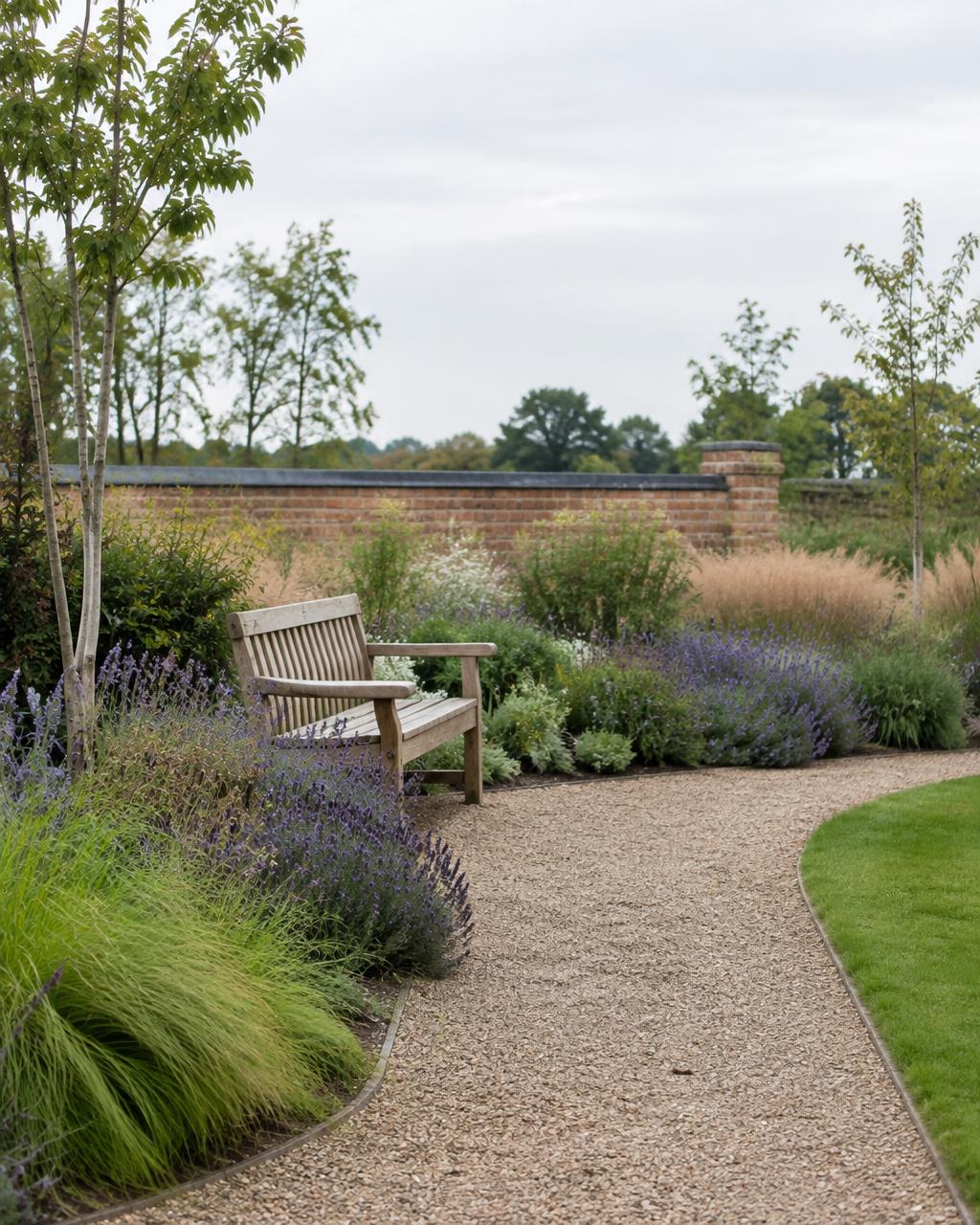 Curved gravel path through lavender and ornamental grasses